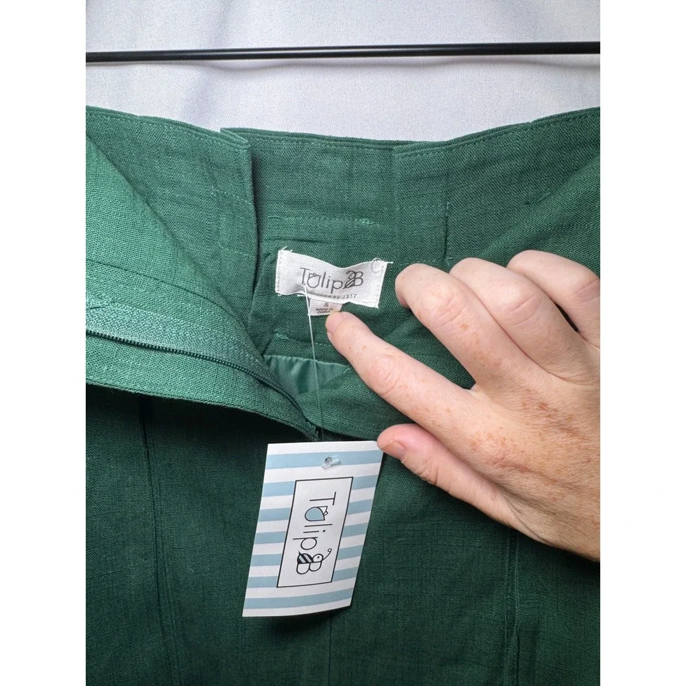 Green Linen Pencil Skirt S High Waist Belted Preppy Dark Academia Tulip B NWT